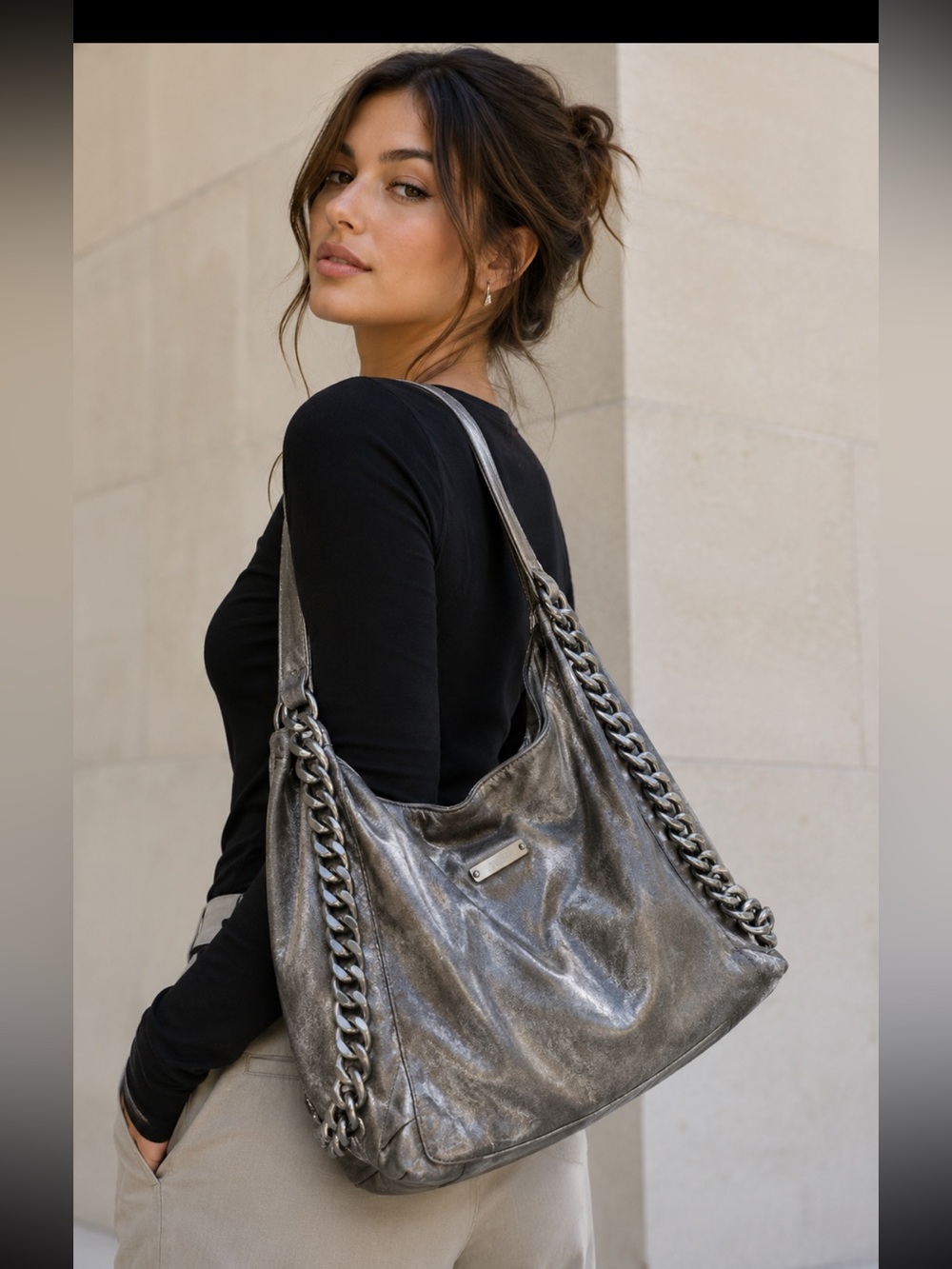 KORS Michael Kors Silver Hobo Bag with Chain Details